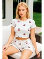 Morliva Beyaz Üstüne Kiraz Desenli Şortlu Pijama Takımı