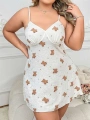 Morliva  Büyük Beden Ayıcık Desenli Pamuklu İnce Askılı Mini Gecelik