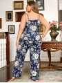 Morliva  Büyük Beden Çiçek Desenli İnce Askılı Lacivert 2li Takım