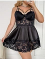 Morliva  Büyük Beden Dantel İşlemeli Göğüs İp Detaylı Siyah Saten Gecelik