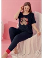 Morliva Büyük Beden Pamuklu Love Bear Ayıcık Desenli Lacivert Kısa Kol Pijama Takımı