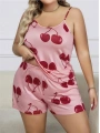 Morliva  Büyük Beden Pembe Kiraz Desen İnce Askılı Pamuklu Şortlu Pijama Takımı