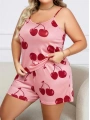 Morliva  Büyük Beden Pembe Kiraz Desen İnce Askılı Pamuklu Şortlu Pijama Takımı