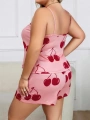 Morliva  Büyük Beden Pembe Kiraz Desen İnce Askılı Pamuklu Şortlu Pijama Takımı