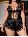 Morliva Büyük Beden Siyah Dantel İşlemeli Saten Şortlu Takım