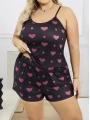 Morliva  Büyük Beden Siyah Kalp Desen İnce Askılı Pamuklu Şortlu Pijama Takımı