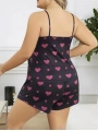 Morliva  Büyük Beden Siyah Kalp Desen İnce Askılı Pamuklu Şortlu Pijama Takımı