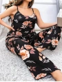 Morliva  Büyük Beden Siyah Üstüne Çiçek Desenli İnce Askılı 2li Pijama Takımı