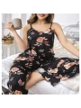 Morliva  Büyük Beden Siyah Üstüne Çiçek Desenli İnce Askılı 2li Pijama Takımı