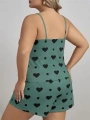 Morliva  Büyük Beden Yeşil Kalp Desen Pamuklu Şortlu Pijama Takımı