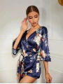 Morliva Çiçek Desenli Mavi Mini Saten Gecelik Sabahlık