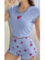 Morliva Çilek Desenli Mavi Seksi Pijama Takım