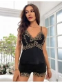 Morliva Dantel İşlemeli Siyah İnce Askılı Saten Şortlu Takım