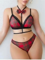 Morliva Ekoseli Dantel İşlemeli Papyon Detaylı Fantezi Sütyen Strıng Takımı