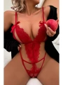 Fiyonklu Dantelli Kırmızı Fantezi Body