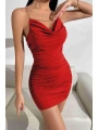 Morliva Gögüs Degajeli Sırt Zincir Detaylı Büzgülü Kırmızı Mini Club Elbisesi