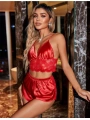Morliva  Kırmızı Büstiyer Dantel Detaylı İnce Askılı Saten Şortlu Takım