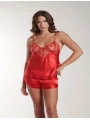 Morliva Kırmızı Dantel Detaylı İnce Askılı Saten Şortlu Takım