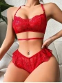 Morliva Kırmızı Dantel İşlemeli Fantezi Şık Sütyen Külot Takımı