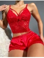 Morliva  Kırmızı Dantelli Büstiyer İnce Askılı Saten Şortlu Takım