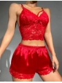 Morliva  Kırmızı Dantelli Büstiyer İnce Askılı Saten Şortlu Takım