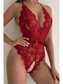 Kırmızı Özel Bölgesi Açık Fiyonklu Dantel Fantezi Body