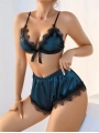 Morliva  Lacivert Dantel İşlemeli Desteksiz Sütyenli Saten Şortlu Takım