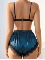 Morliva  Lacivert Dantel İşlemeli Desteksiz Sütyenli Saten Şortlu Takım