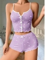 Morliva Lila Üstüne Beyaz Kalp Desenli Askılı Şortlu Pijama Takımı