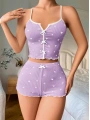 Morliva Lila Üstüne Beyaz Kalp Desenli Askılı Şortlu Pijama Takımı
