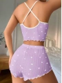 Morliva Lila Üstüne Beyaz Kalp Desenli Askılı Şortlu Pijama Takımı