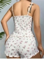 Morliva  Pamuklu Beyaz Üstüne Çiçek Desen Fitilli Askılı Şortlu Pijama Takımı