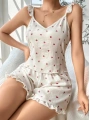 Morliva Pamuklu Beyaz Üstüne Kiraz Desen Fırfır Askılı Şortlu Pijama Takımı