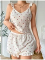 Morliva Pamuklu Beyaz Üstüne Kiraz Desen Fırfır Askılı Şortlu Pijama Takımı