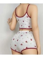 Morliva Pamuklu Beyaz Üstüne Kırmızı Gül Desen Fitilli Askılı Şortlu Pijama Takımı