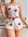 Morliva Pamuklu Beyaz Üstüne Kırmızı Kalp Desenli Askılı Şortlu Pijama Takımı
