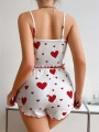 Morliva Pamuklu Beyaz Üstüne Kırmızı Kalp Desenli Askılı Şortlu Pijama Takımı