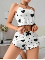 Morliva Pamuklu Beyaz Üstüne Siyah Kalp Desen Fitilli Askılı Şortlu Pijama Takımı