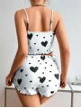 Morliva Pamuklu Beyaz Üstüne Siyah Kalp Desen Fitilli Askılı Şortlu Pijama Takımı