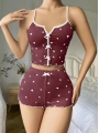 Morliva Pamuklu Kahverengi Üstüne Beyaz Kalp Desen Fitilli Askılı Şortlu Pijama Takımı