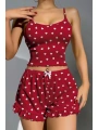 Morliva  Pamuklu Kırmızı Üstüne Beyaz Kalp Desen Fitilli Askılı Şortlu Pijama Takımı