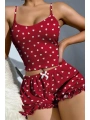 Morliva  Pamuklu Kırmızı Üstüne Beyaz Kalp Desen Fitilli Askılı Şortlu Pijama Takımı