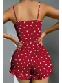 Morliva  Pamuklu Kırmızı Üstüne Beyaz Kalp Desen Fitilli Askılı Şortlu Pijama Takımı
