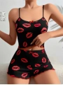 Morliva  Pamuklu Kiss Öpücük Desen Siyah Fitilli Şortlu Pijama Takımı