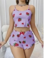 Morliva Pamuklu Lila Üstüne Çilek Desen Fitilli Askılı Şortlu Pijama Takımı