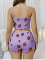 Morliva Pamuklu Lila Üstüne Çilek Desen Fitilli Askılı Şortlu Pijama Takımı