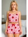 Morliva  Pamuklu Pembe Üstüne Çilek Desen Fitilli Askılı Şortlu Pijama Takımı