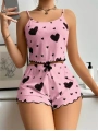Morliva  Pamuklu Pembe Üstüne Siyah Kalp Desenli Askılı Fitilli Şortlu Pijama Takımı