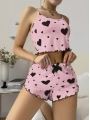 Morliva  Pamuklu Pembe Üstüne Siyah Kalp Desenli Askılı Fitilli Şortlu Pijama Takımı