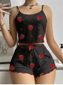 Morliva Pamuklu Siyah Üstüne Çilek Desen Fitilli Askılı Şortlu Pijama Takımı